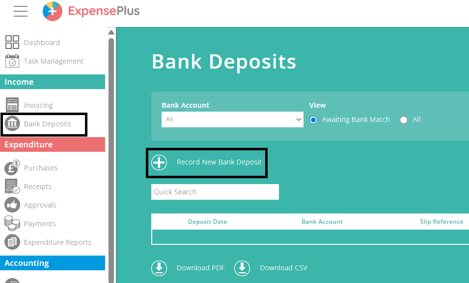 ExpensePlus screenshot showing where to find Bank Deposits in the left-hand menu
