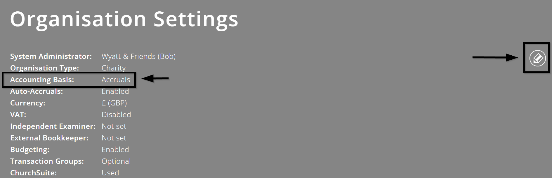 ExpensePlus organisation settings screen with a black box around the accounting basis and edit button in the top right corner
