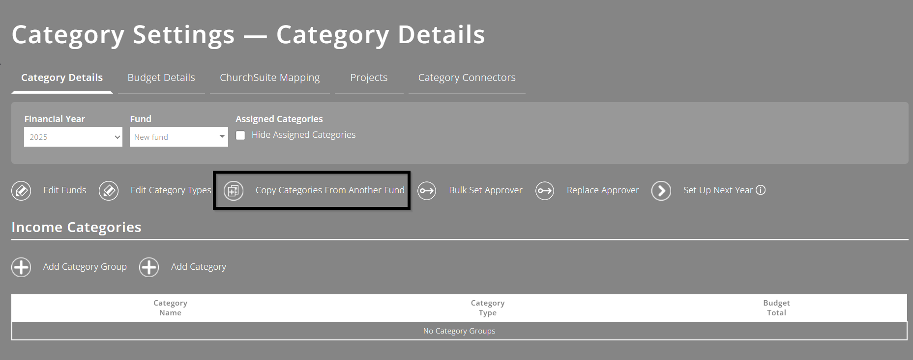 Category settings screen with black box around 'Copy categories from another fund'