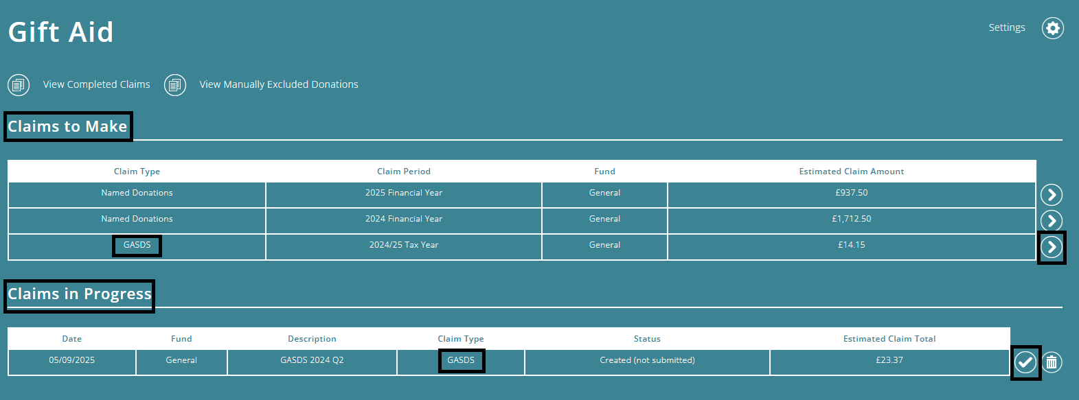 ExpensePlus screenshot of the Gift Aid screen, with highlight indicating the arrows used to make the GASDS claims