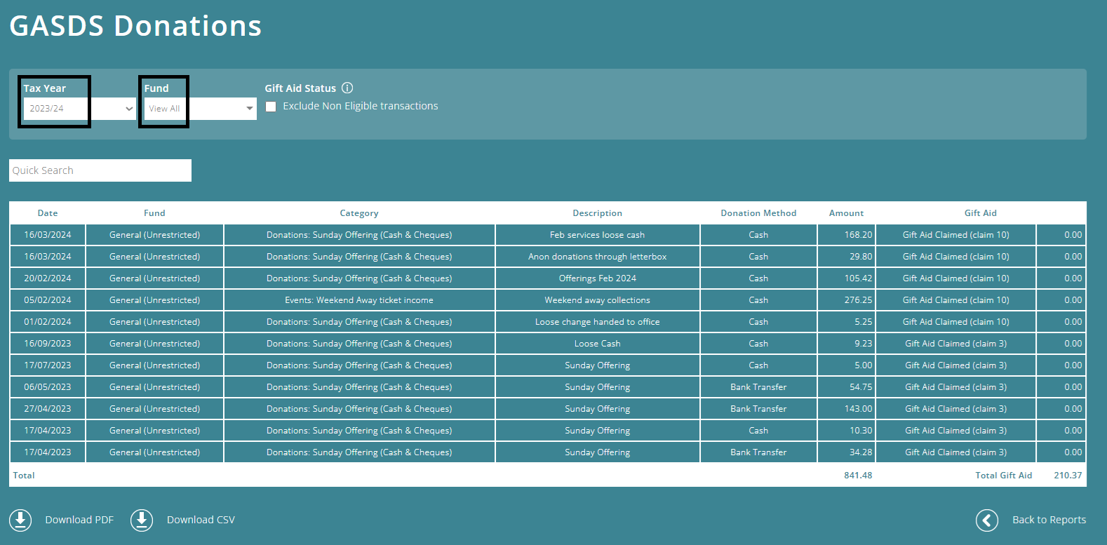 ExpensePlus screenshot of the GASDS Donations screen, with 'Tax Year' and 'Fund' boxes highlighted