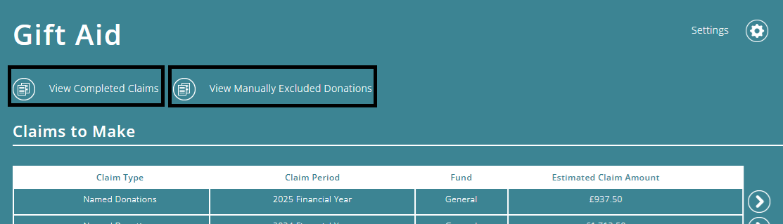 ExpensePlus screenshot, with 'View Completed Claims' and 'View Manually Excluded Donations' highlighted