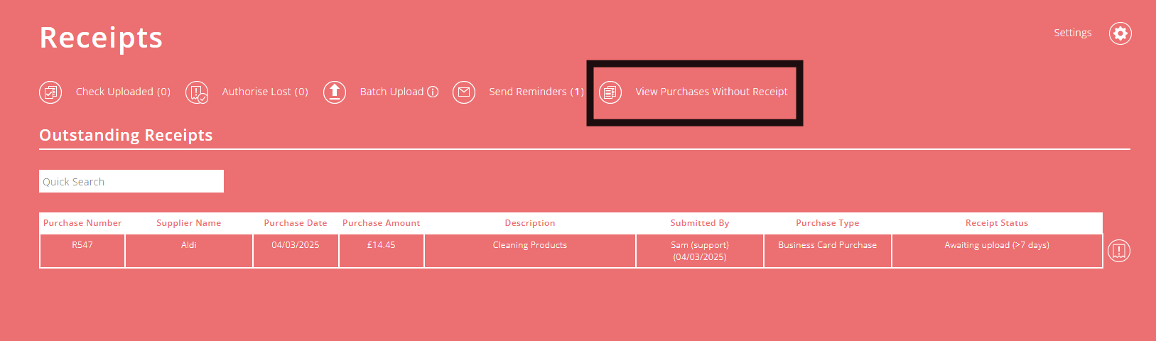 ExpensePlus Receipts screen highlighting the View Purchases Without Receipt button
