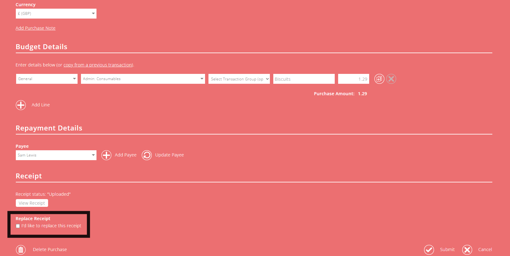 ExpensePlus example purchase screen highlighting where to replace a receipt