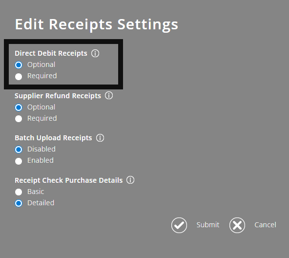 ExpensePlus Edit Receipts Settings pop out highlighting direct debit receipts setting options and how to change them