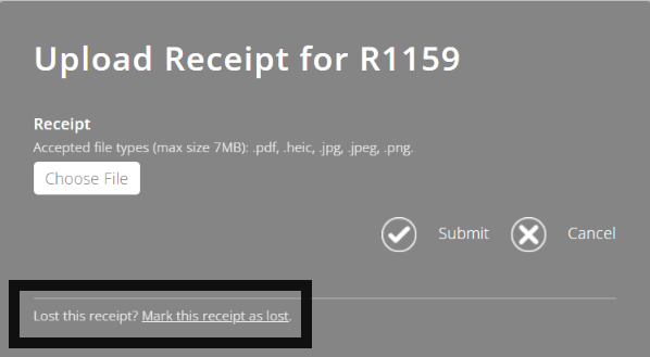ExpensePlus Upload Receipt pop up highlighting where to click to mark a receipt as lost