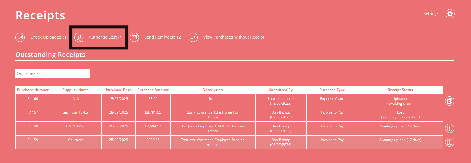 ExpensePlus Receipts screen for Finance Team Users highlighting the Authorise Lost receipts button