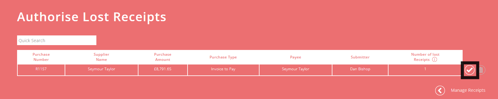 ExpensePlus Authorise Lost Receipts screen highlighting which button is used to authorise a lost receipt purchase