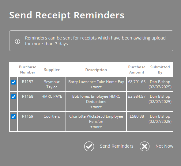 ExpensePlus pop out showing the option to select which missing receipt transactions should have an email reminder sent to the submitter