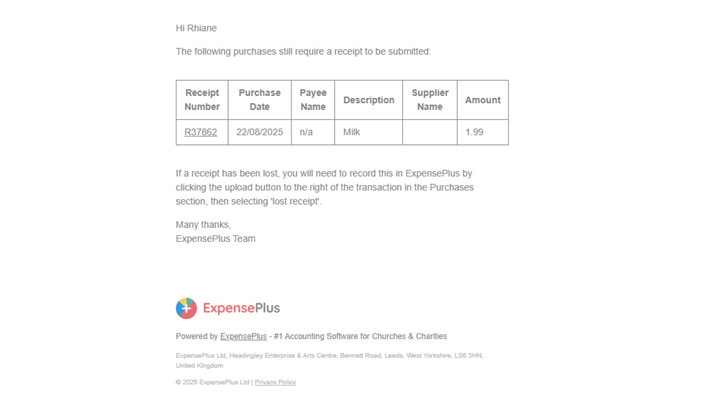 ExpensePlus Missing Receipt email with table displaying details of the missing receipt and the transaction it relates to