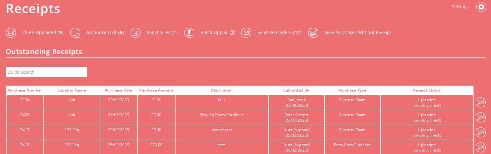 ExpensePlus Receipts screen