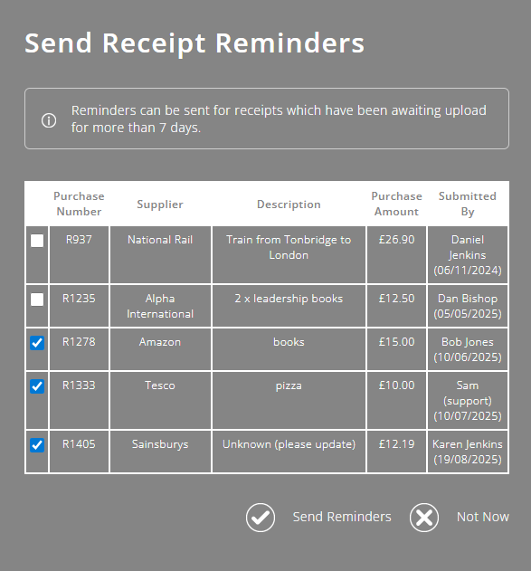 ExpensePlus Send Receipt Reminders pop out showing the option to select which transactions that are missing a receipt should have an email reminder sent to the submitter