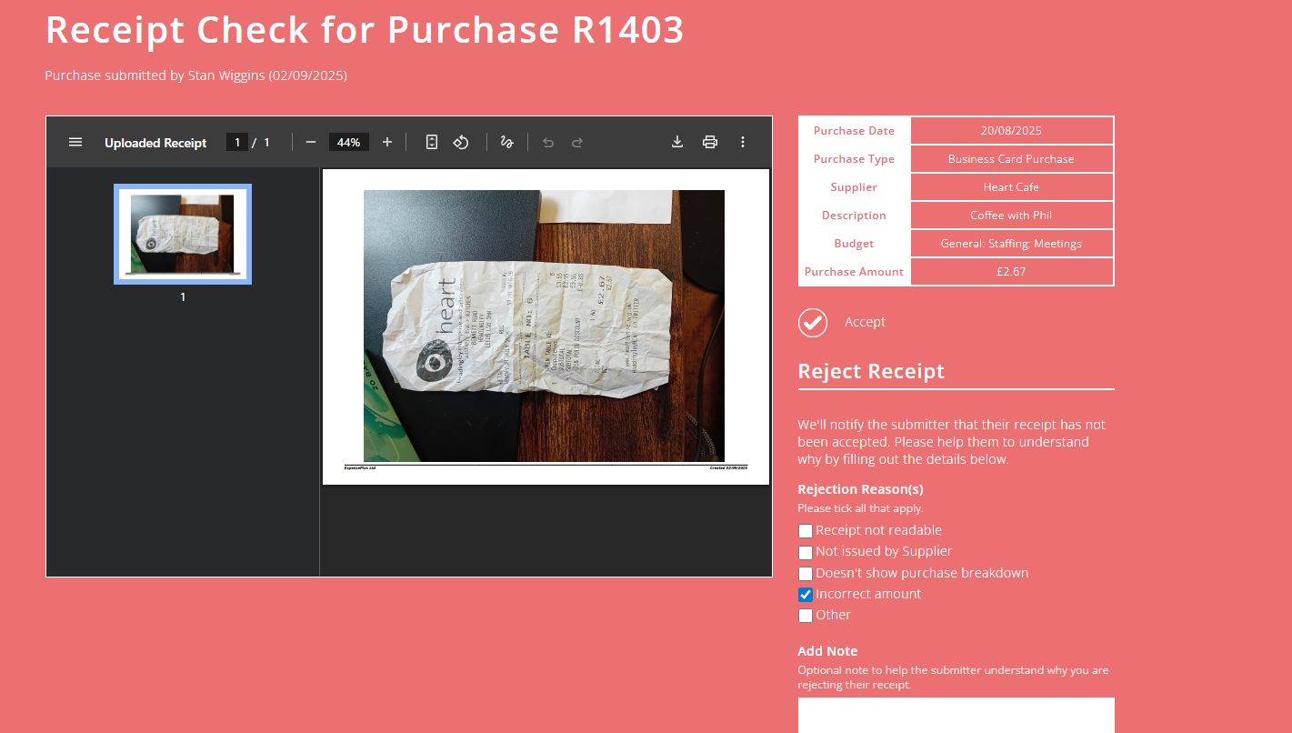 ExpensePlus Receipt Check screen highlighting the options when rejecting a receipt