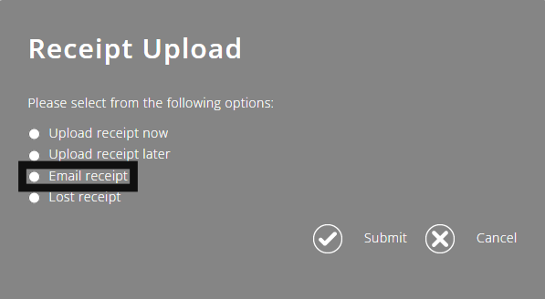 ExpensePlus Receipt Upload pop up highlighting the Email receipt option