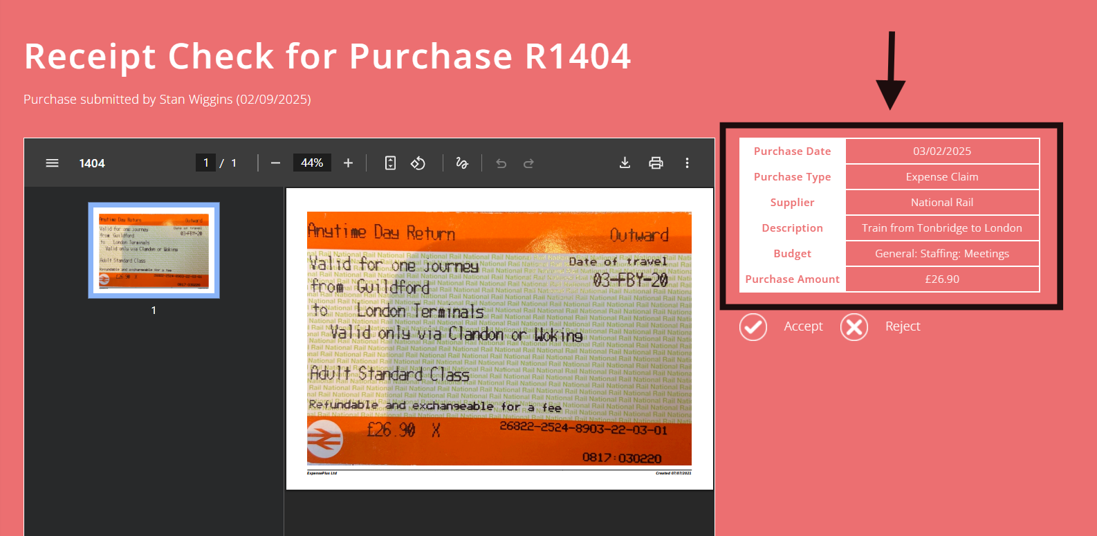 ExpensePlus example receipt check, highlighting the purchase information available