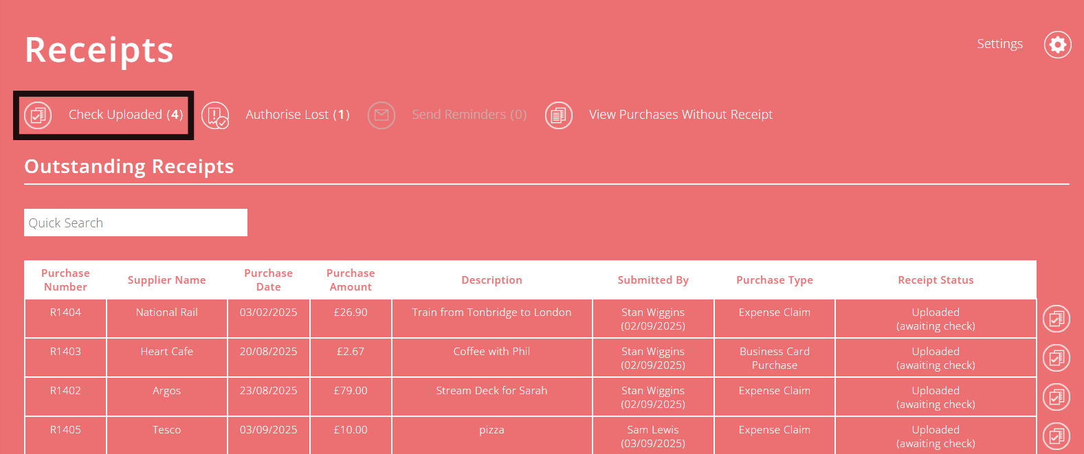 ExpensePlus Receipts screen highlighting the Check Uploaded button