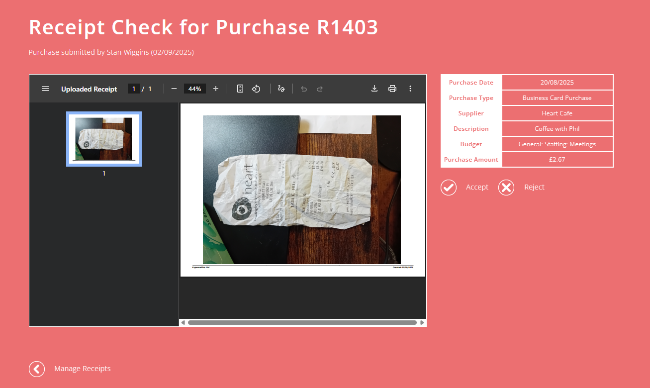 ExpensePlus Receipt Check screen showing a train ticket and the purchase details