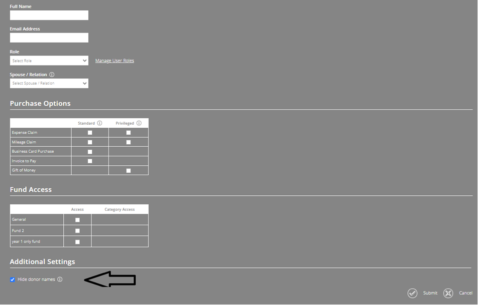 ExpensePlus screenshot of a user's User Profile, with 'Hide donor names' highlighted