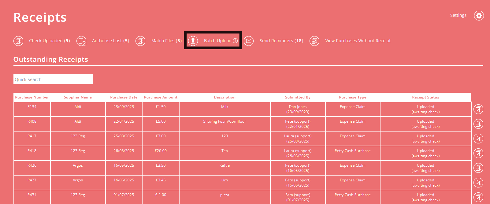 ExpensePlus Receipts screen highlighting Batch Upload button