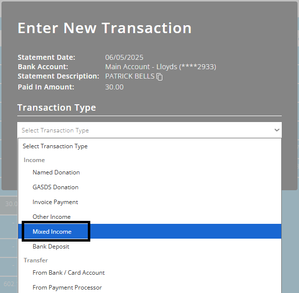 ExpensePlus screenshot, with 'Mixed income' highlighted.
