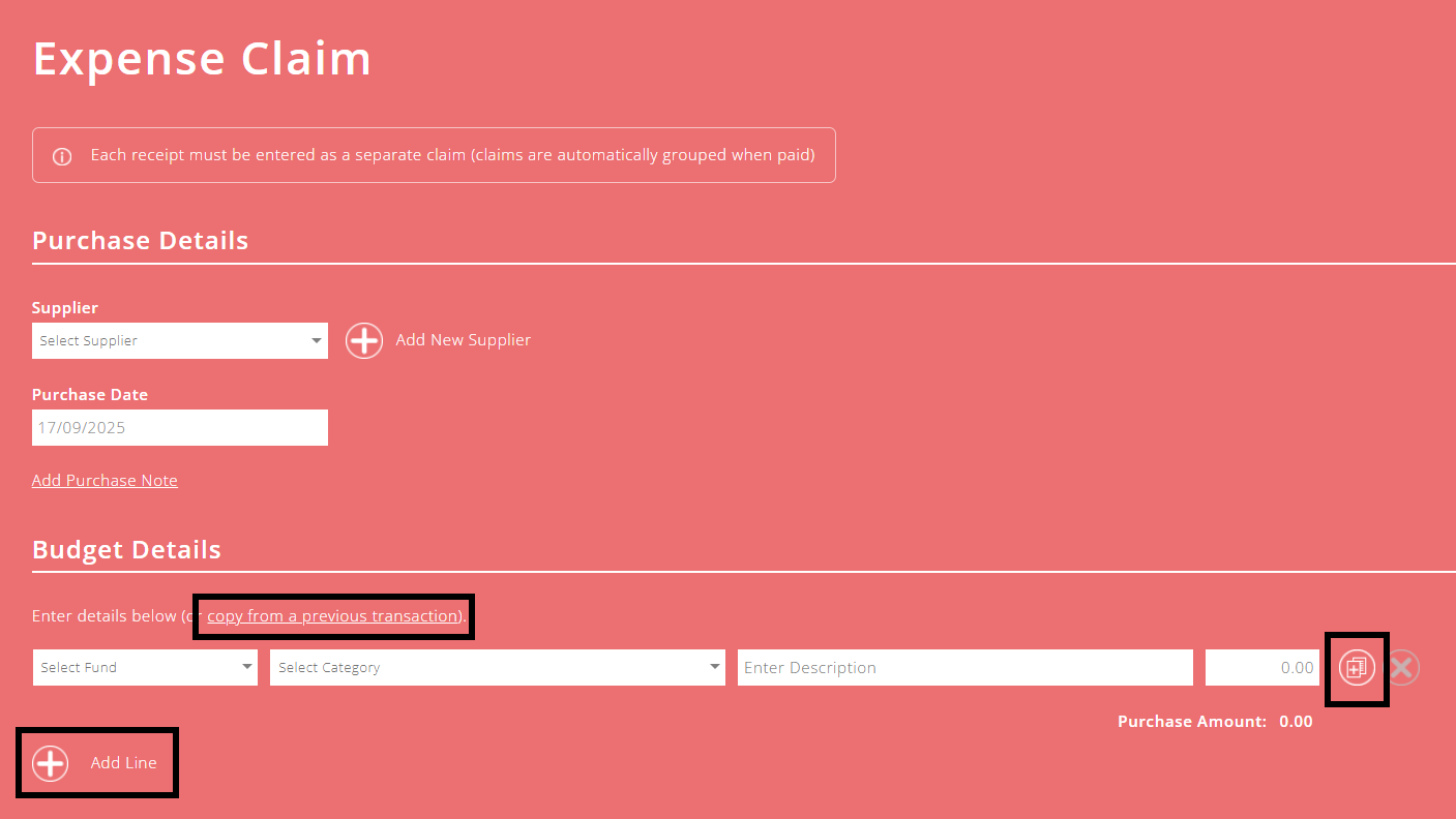 Screenshot of expense claim screen with black box around the add line button and the copy from previous transaction button int he budget details section