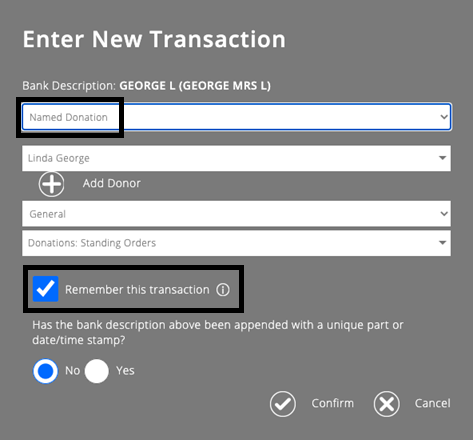 ExpensePlus screenshot, with highlighting on 'Named donation’ and 'Remember this transaction', 