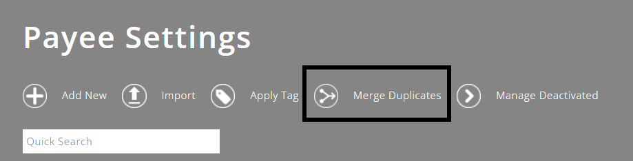 Screenshot of payee settings with a black box around merge duplicates which is the 4th option from the left