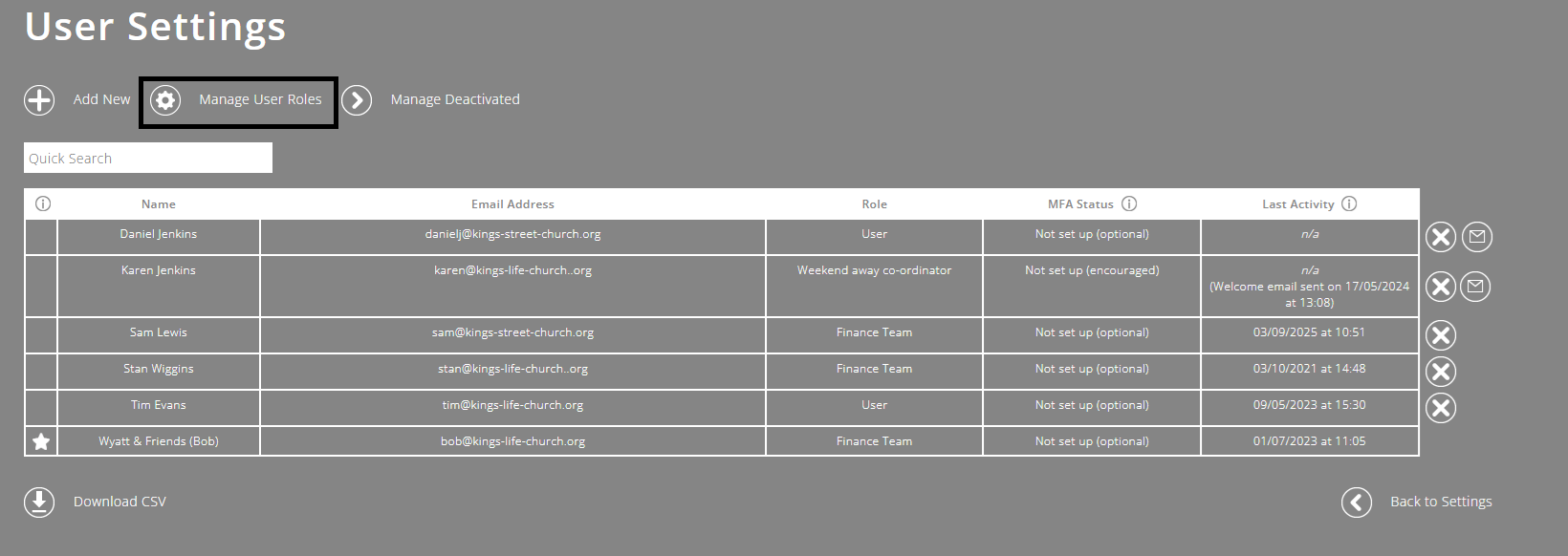ExpensePlus screen shot of the 'User Settings' screen, with 'Manage User Roles' highlighted.