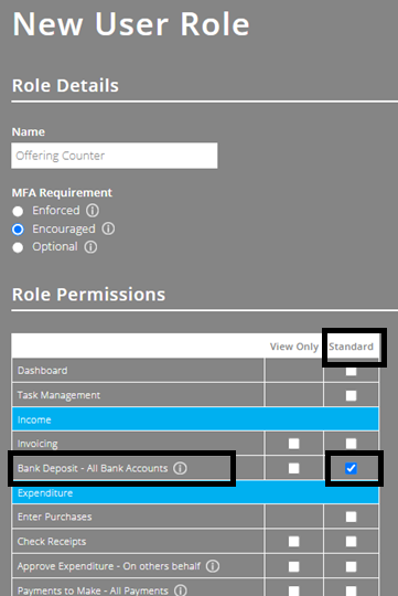 ExpensePlus screenshot of the 'New User Role' pop-up, showing the Role Permissions table with a tick in the 'Standard' column next to 'Bank Deposit - All Bank Accounts'.