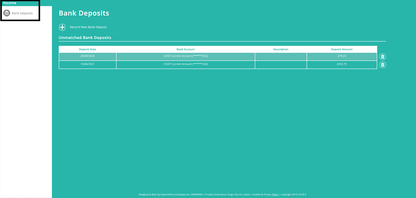 ExpensePlus screenshot, showing what the sidebar menu looks like for a user whose role has access only to the Bank Deposit module.