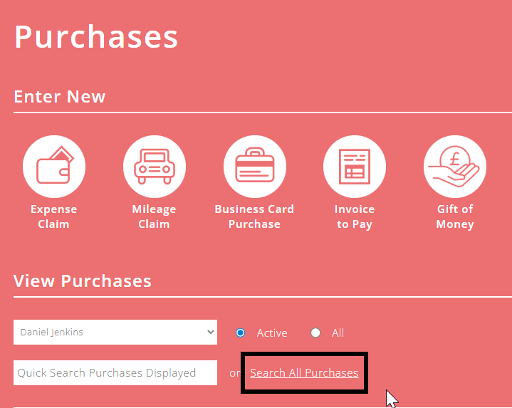 Purchases screen with black box around the 'search all purchases button'