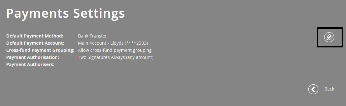 ExpensePlus screenshot, highlighting the 'Edit' icon on the right of the 'Payments Settings' screen.