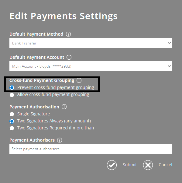 ExpensePlus screenshot of the 'Edit Payments Settings' pop-up, highlighting 'Prevent cross-fund payment grouping'' in the 'Cross-fund Payment Grouping' section.