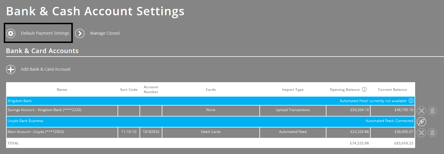 ExpensePlus screenshot of 'Bank & Cash Account Settings' screen, with 'Default Payment Settings' button highlighted