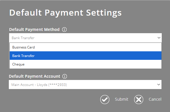 ExpensePlus screenshot of 'Default Payment Settings' pop-up, showing choice of default payment methods