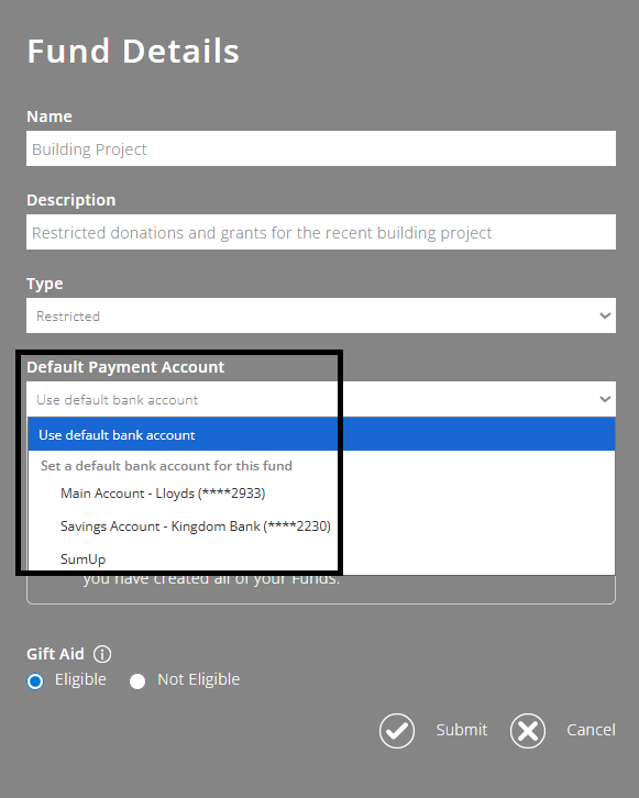 ExpensePlus screenshot of 'Fund Details' pop-up, showing choice of default payment accounts
