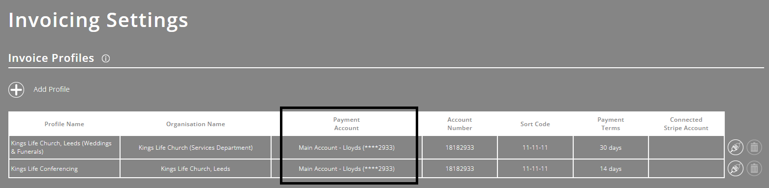 ExpensePlus screenshot of 'Invoice Profiles' section in the 'Invoicing Settings' screen, with default payment accounts highlighted