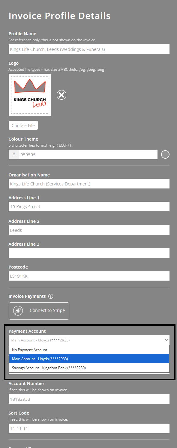 ExpensePlus screenshot of 'Invoice Profile Details' pop-up, highlighting where to select default bank account for the invoicing profile