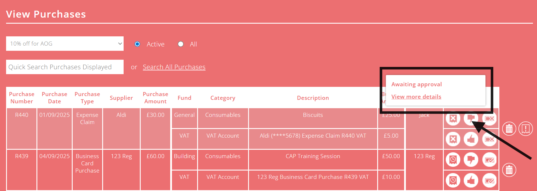 ExpensePlus Purchases screen highlighting thumbs down icon indicating the purchase is awaiting approval