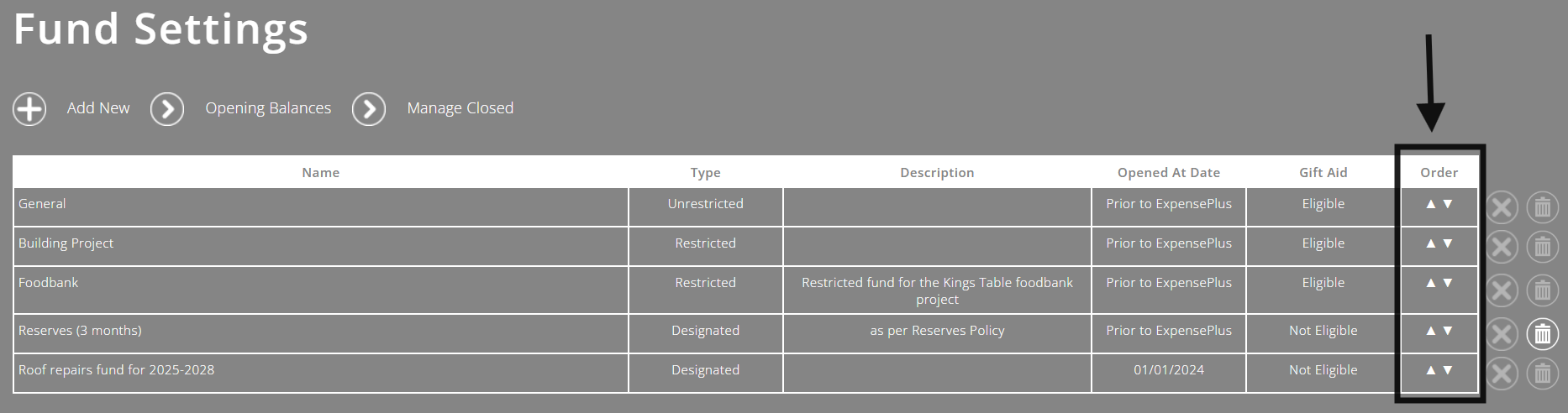 ExpensePlus Fund Setting screen highlighting the Order column containing the up and down arrows that can change the order of funds