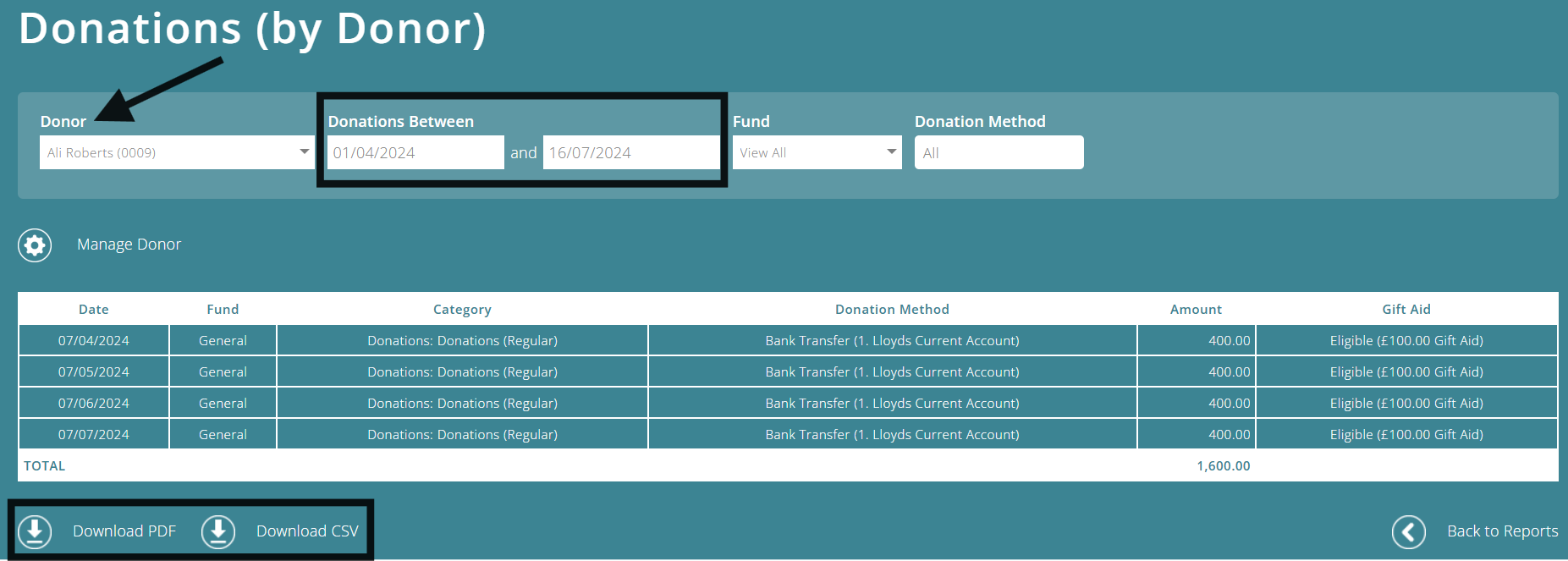 ExpensePlus Donations (by Donor) screen highlighting the donor name drop down menu, where to select a date range for the data and how to download the report