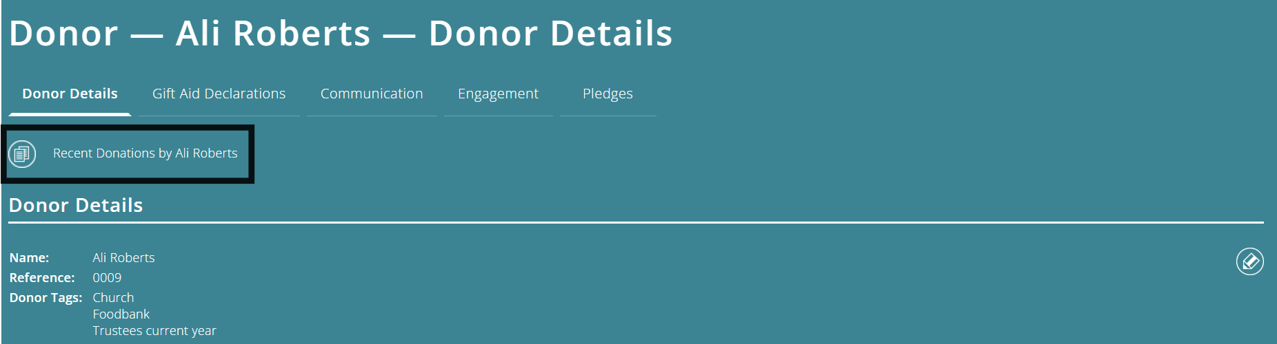 ExpensePlus Donor Details screen highlighting the Recent Donations by' button