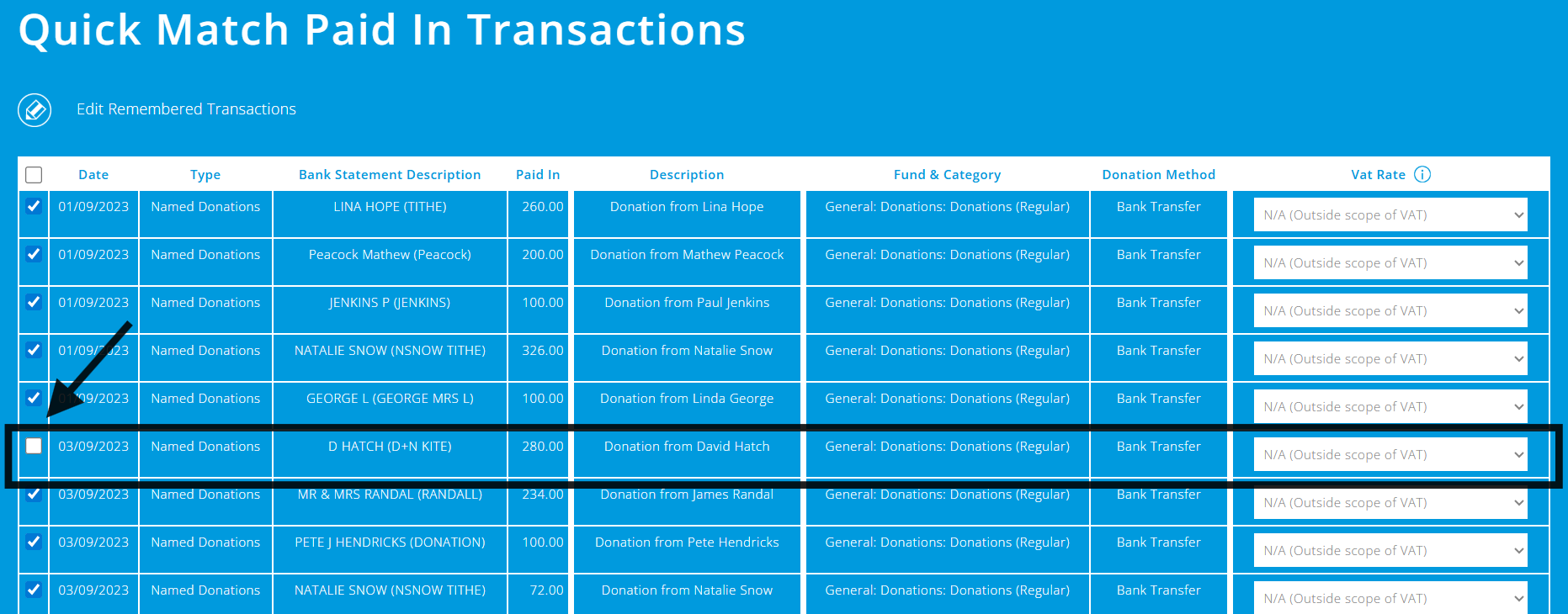 ExpensePlus quick match screen highlighting a transaction that has been manually unticked as it is not suitable for quick matching