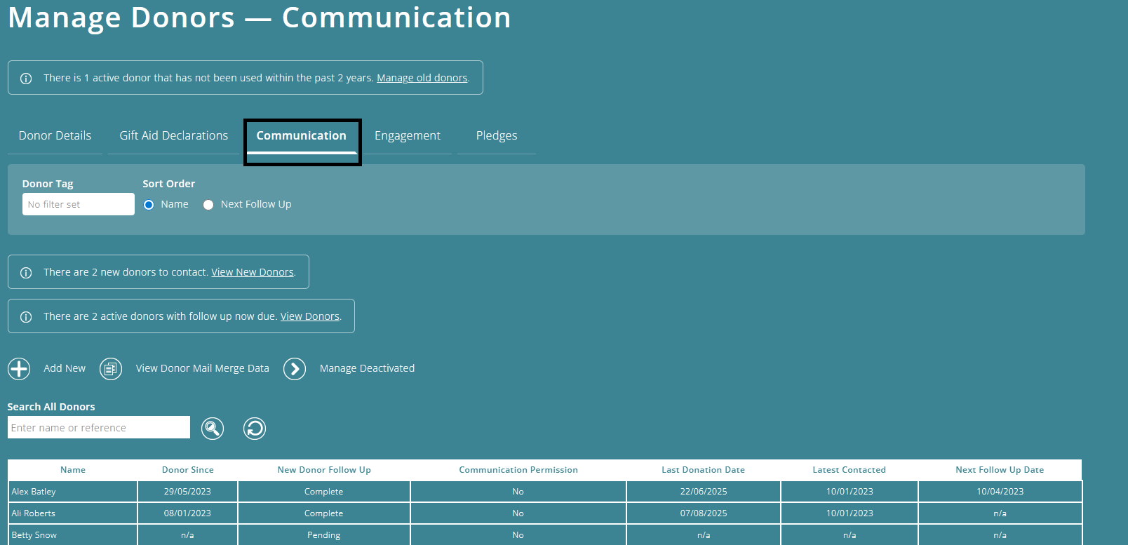 ExpensePlus Manage Donors screen highlighting the Communication tab