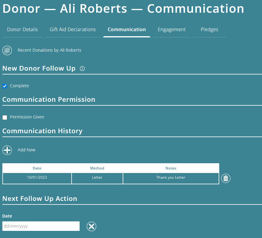 ExpensePlus individual donor's communication information screen