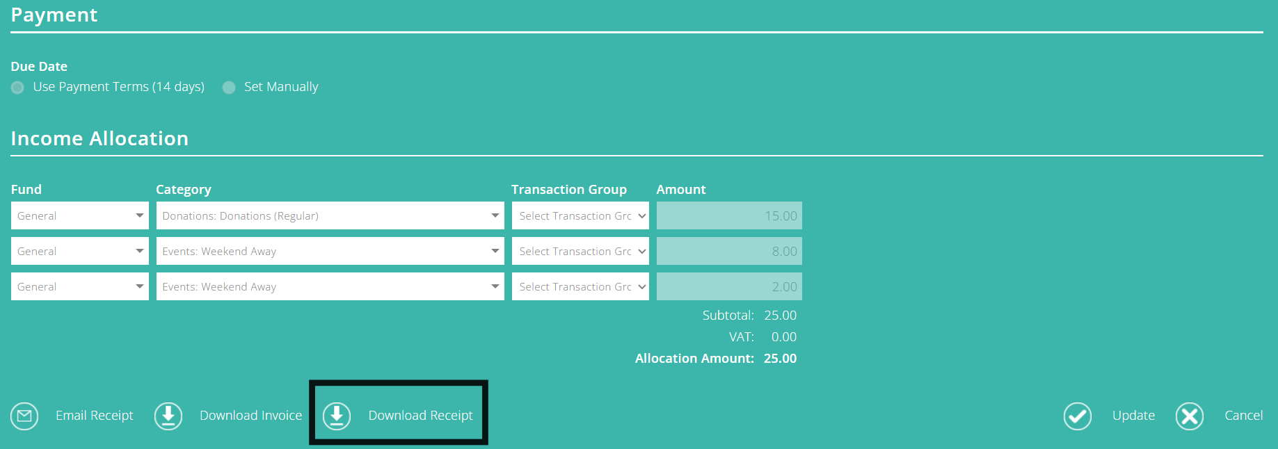 ExpensePlus paid invoice highlighting the Download Receipt button at the bottom of the screen