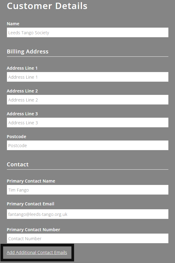 ExpensePlus Customer Details screen highlighting where to add extra contact email addresses