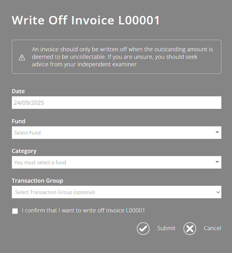 ExpensePlus write off invoice screen