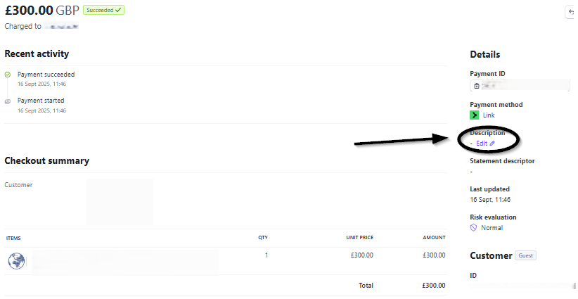 Stripe screenshot showing a transaction without a transaction description