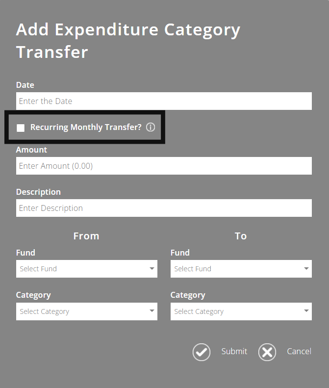 ExpensePlus Expenditure Category Transfer screen